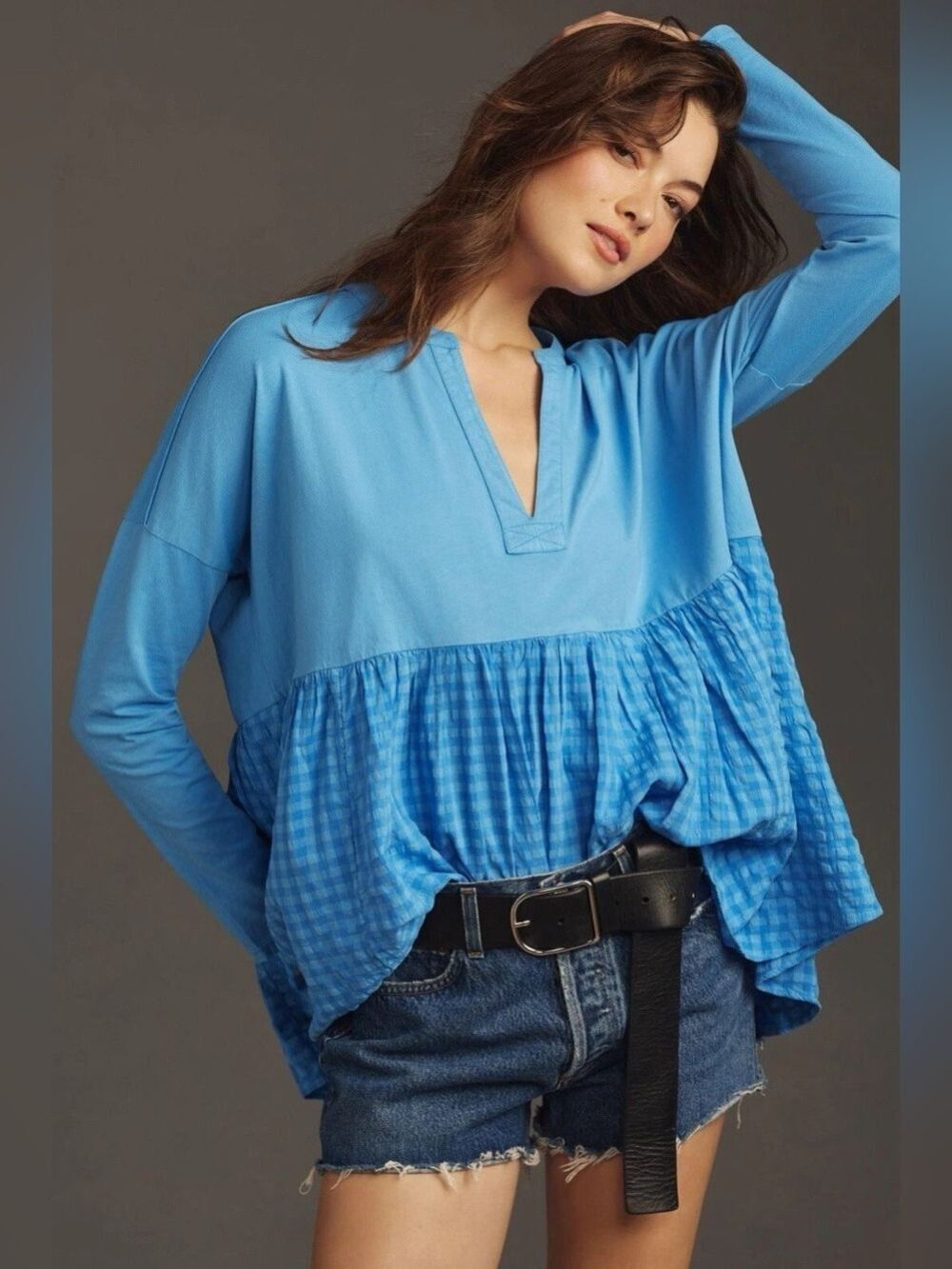 Anthropologie Pilcro Long-Sleeve Babydoll Gingham Blouse Top Blue XXS